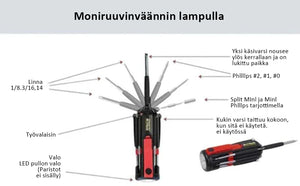 8 in 1 -ruuvimeisseli työvalolla ja taskulampulla